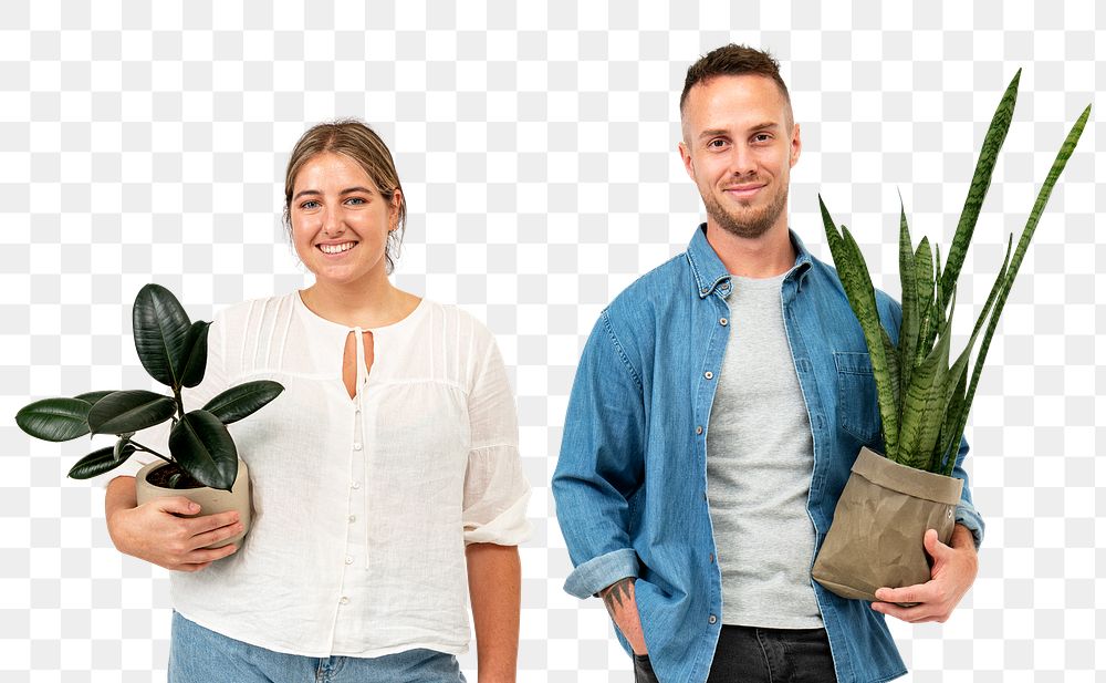 Png plant parent couple holding potted houseplants