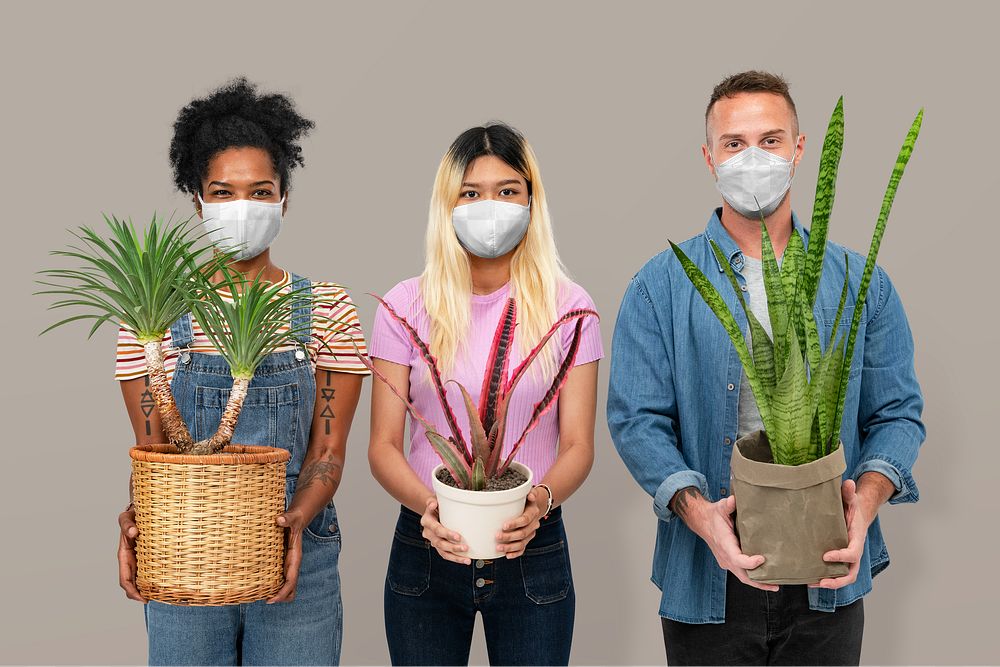 Png face mask mockup with plant parents