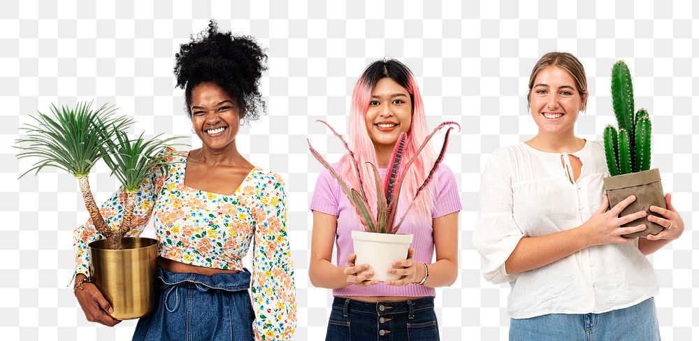 Png happy plant ladies mockup with potted houseplant