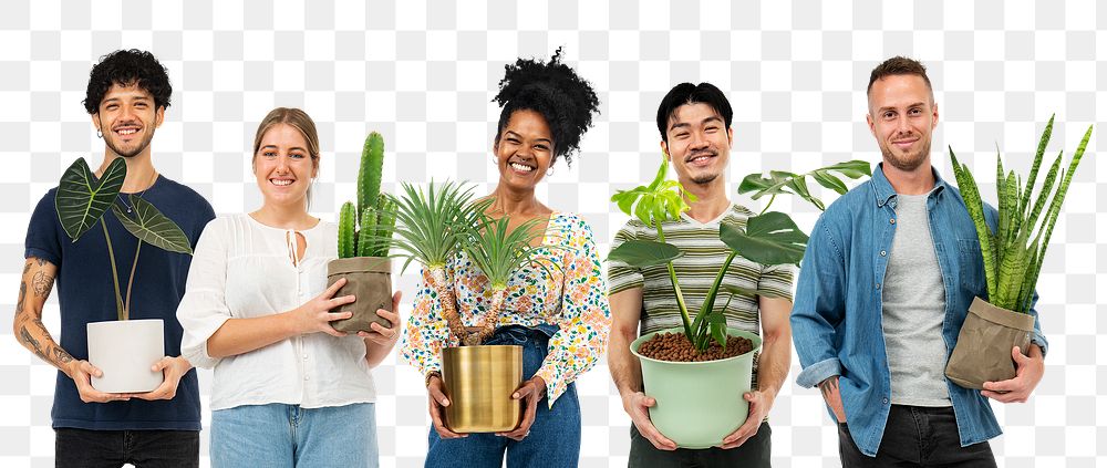 Png happy plant parents mockup holding their houseplants