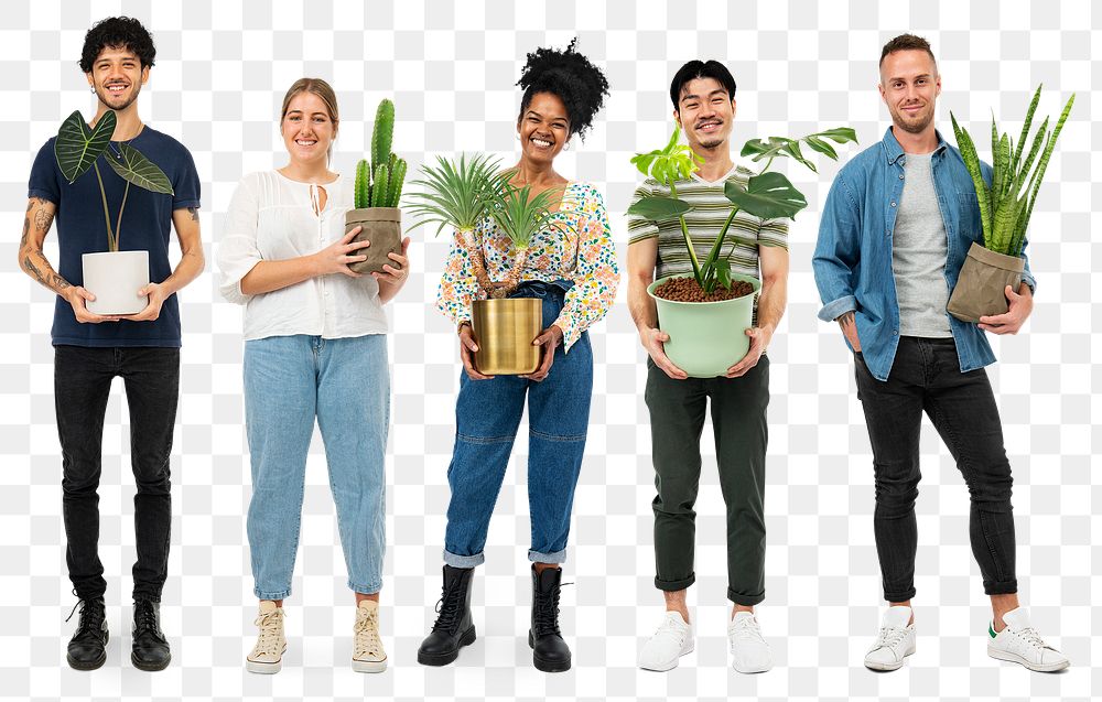 Png happy plant parents mockup holding their houseplants