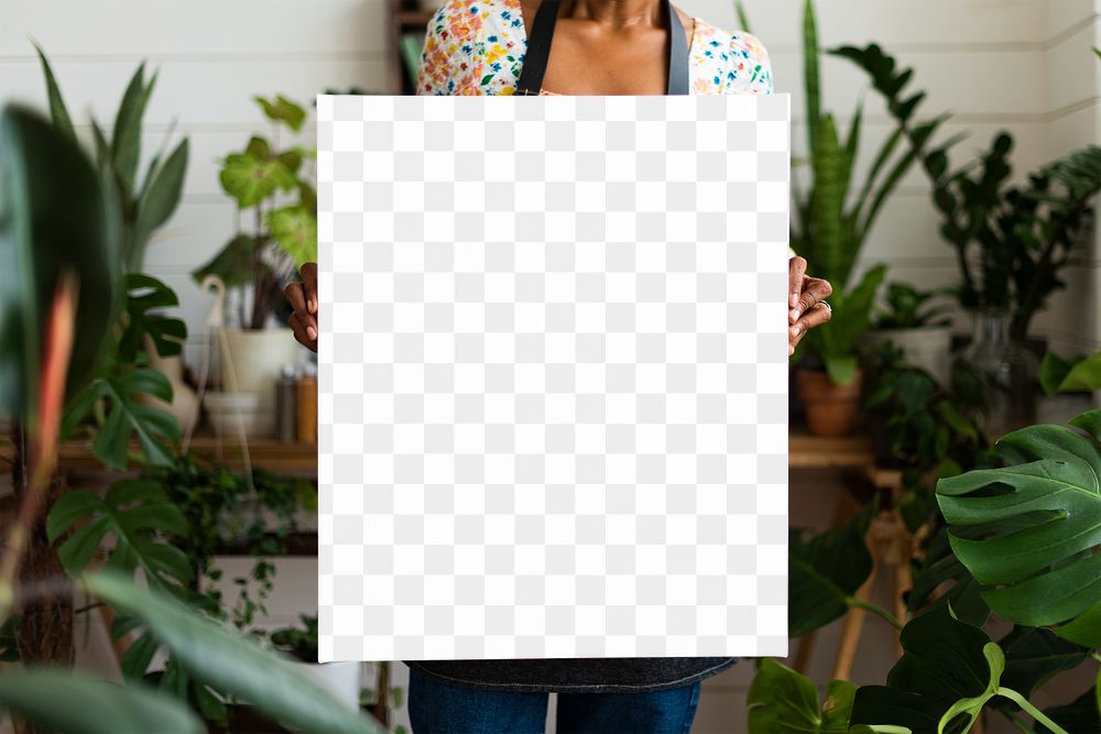 Png sign mockup held by plant lady