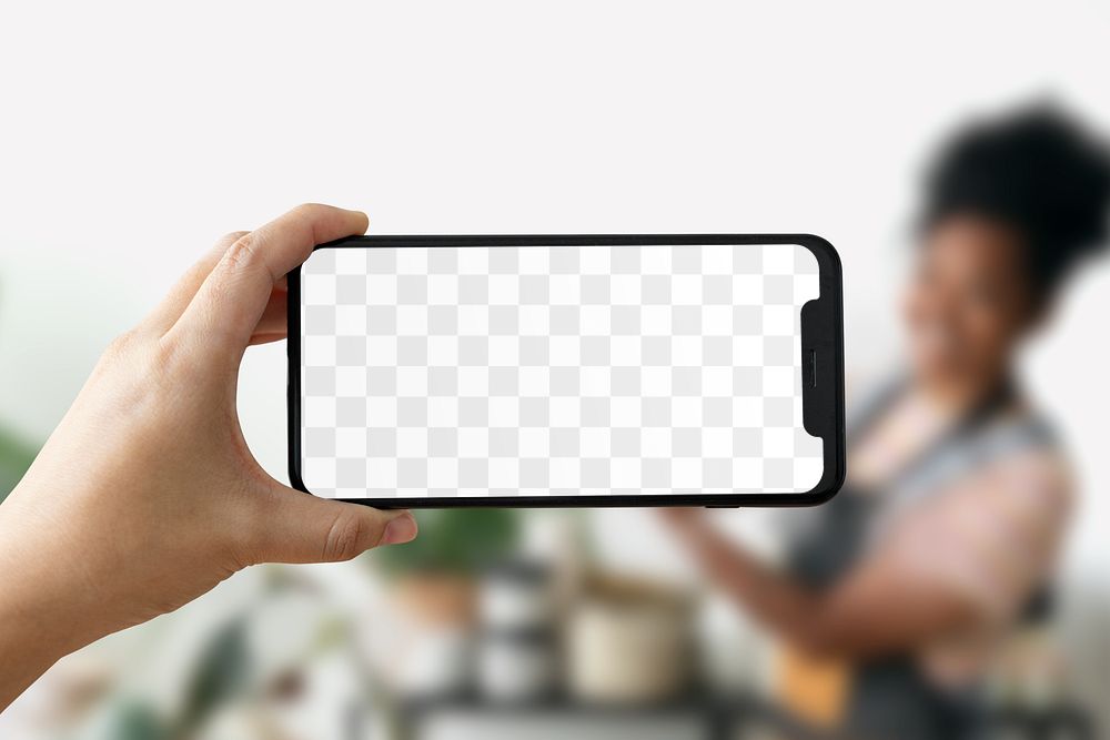 Phone png screen mockup with plant mother behind