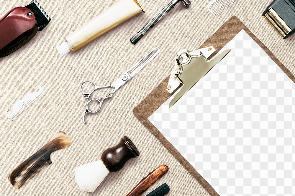 Paper png mockup on clipboard, barber tools in jobs and career concept