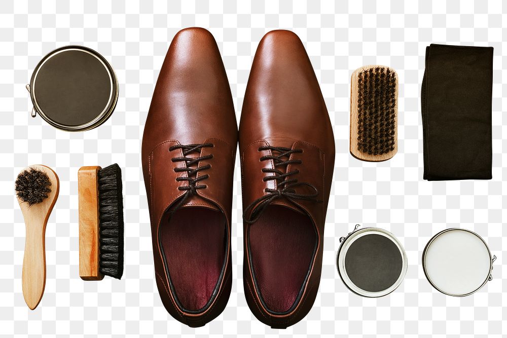 Men&rsquo;s leather shoes PNG transparent background flat lay with polishing tools