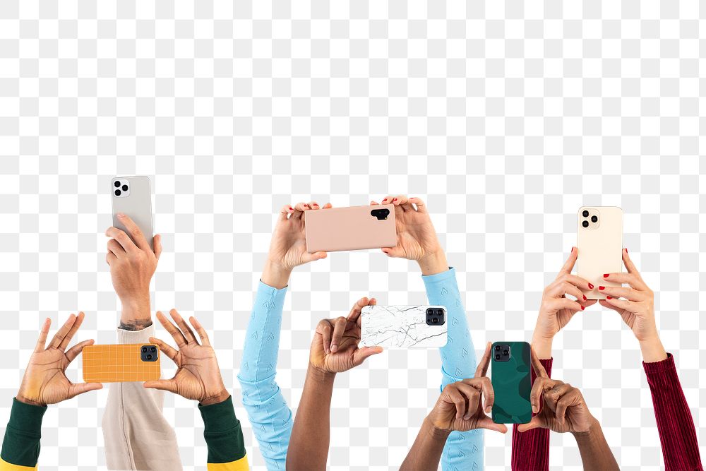 Png social media audience mockup crowd filming through smartphones