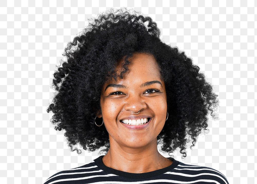 African young woman png transparent, happy face portrait