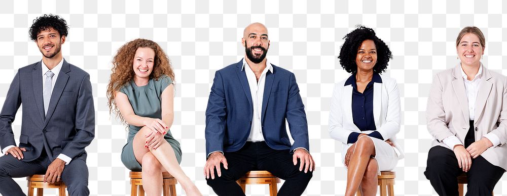 Png Diverse business people mockup smiling while sitting jobs and career campaign