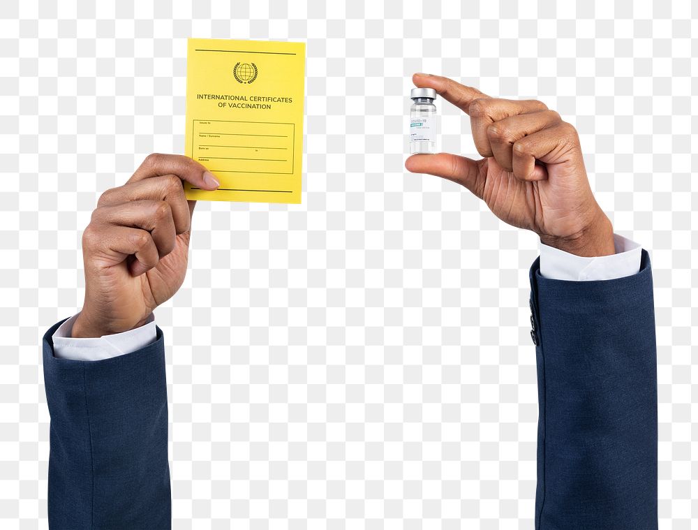 Png Covid-19 vaccine certificate mockup held by a businessman&rsquo;s hand