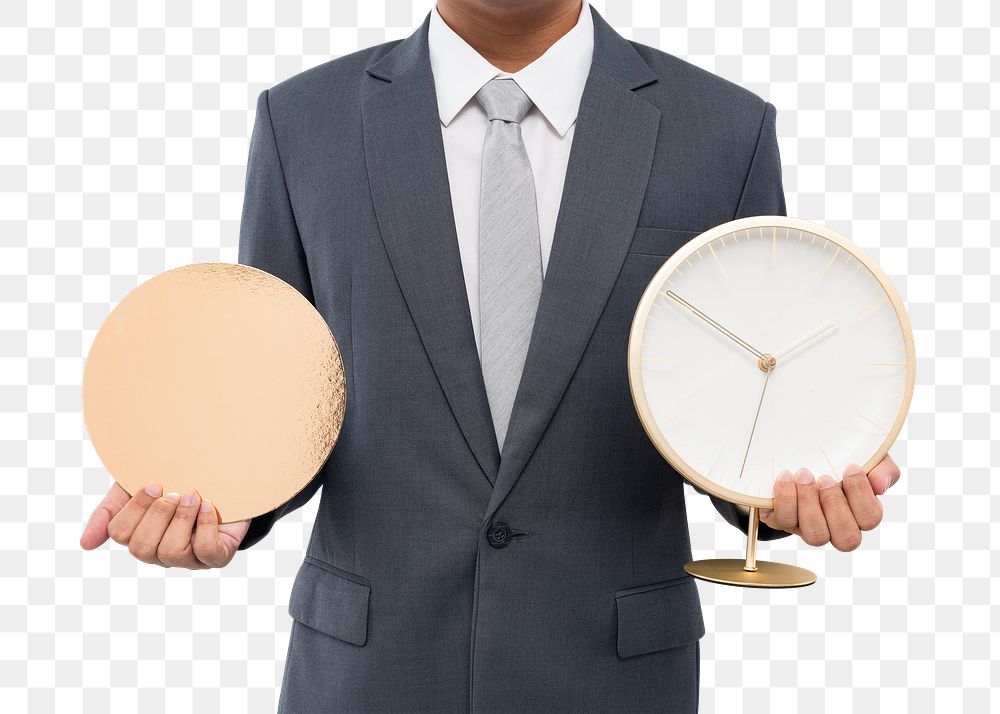 Png Businessman holding clocks mockup working hours representation jobs and career campaign
