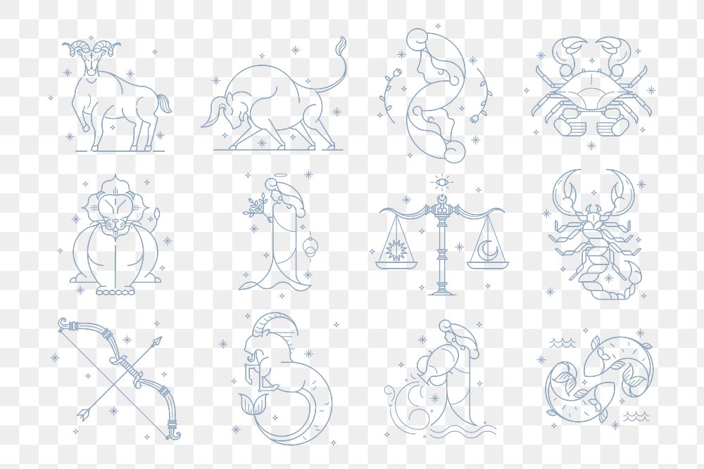 Aesthetic zodiac sign png sticker, line art astrological graphic, transparent background set