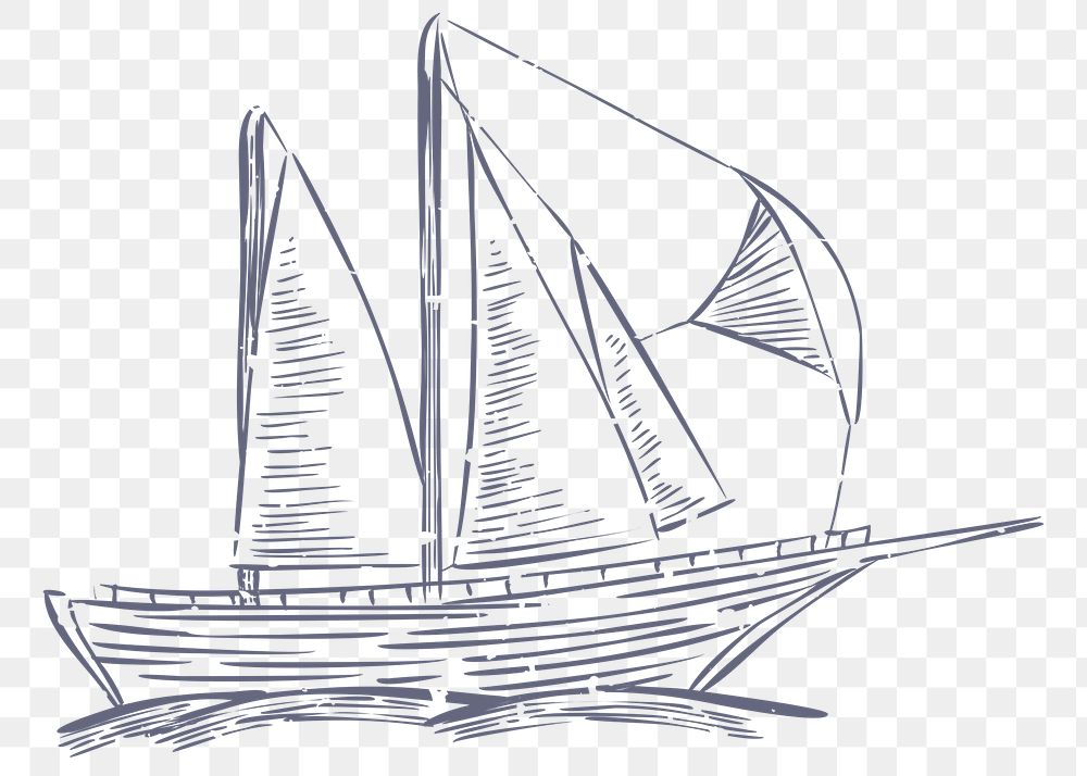 PNG old sailboat linocut on transparent background