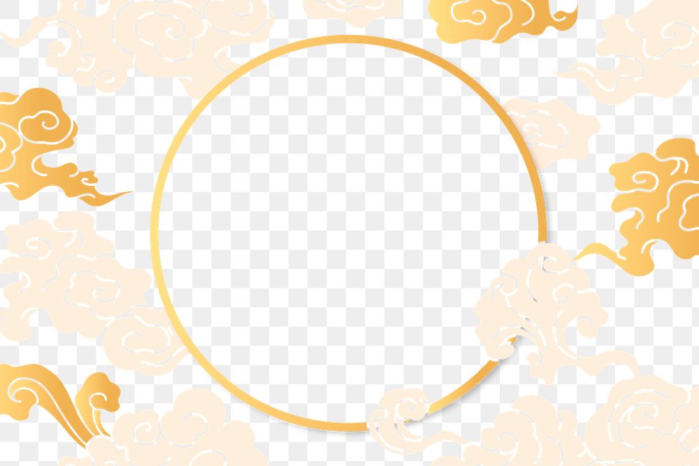 Gold frame png, Japanese cloud oriental illustration sticker