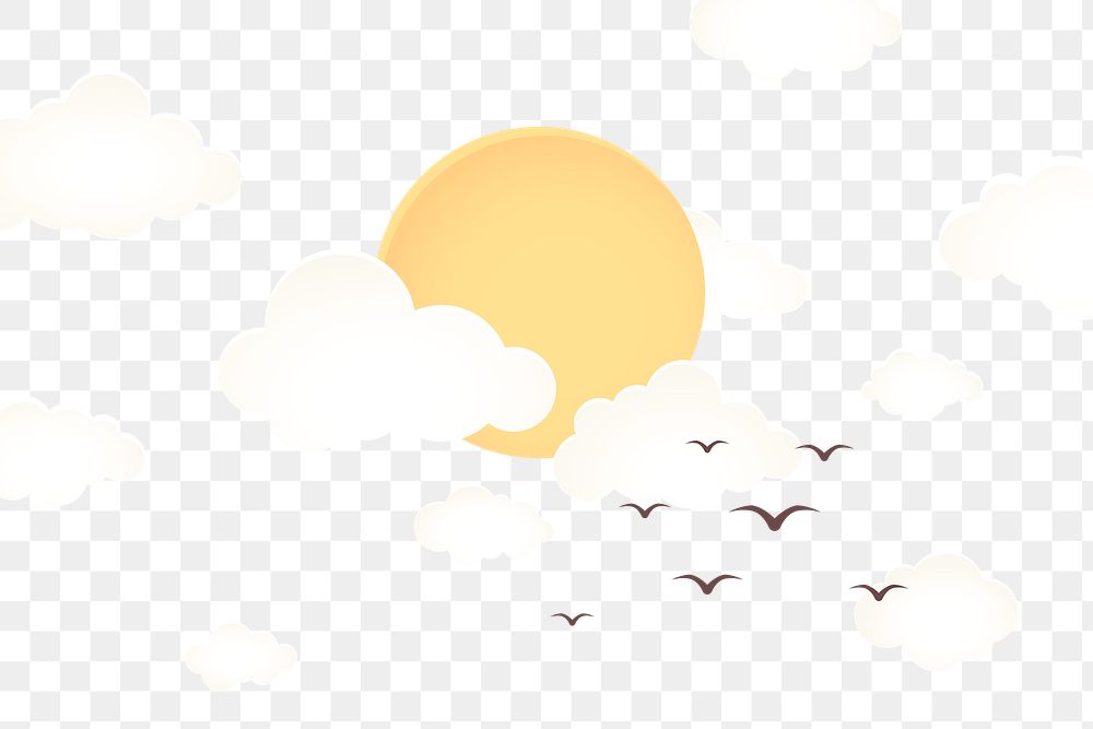 Clouds png sun & birds with transparent background, 3d collage element
