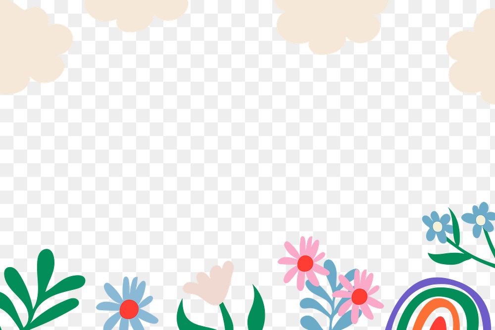 Colorful flower background png transparent, border frame with cute retro doodle