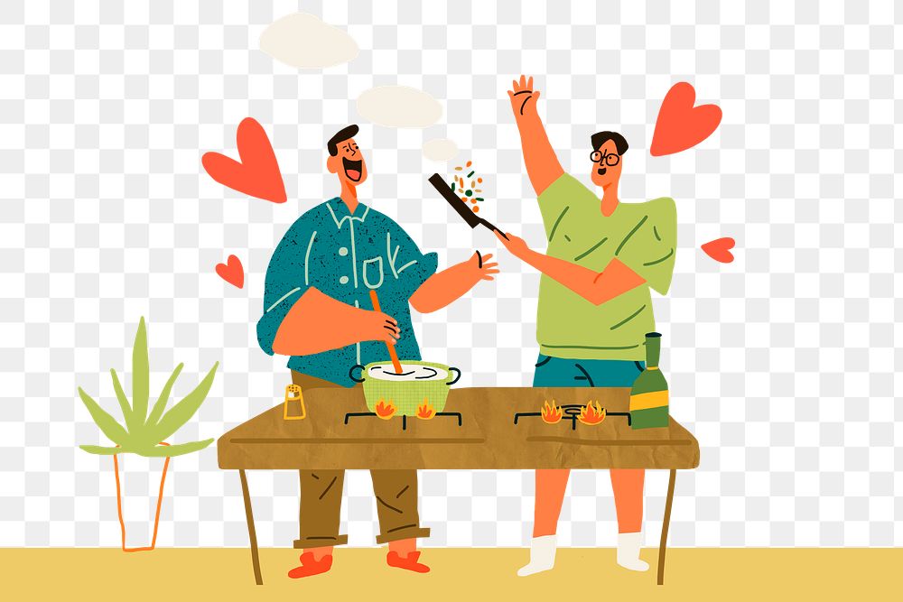 Happy gay couple png, cooking hobby doodle character on transparent background