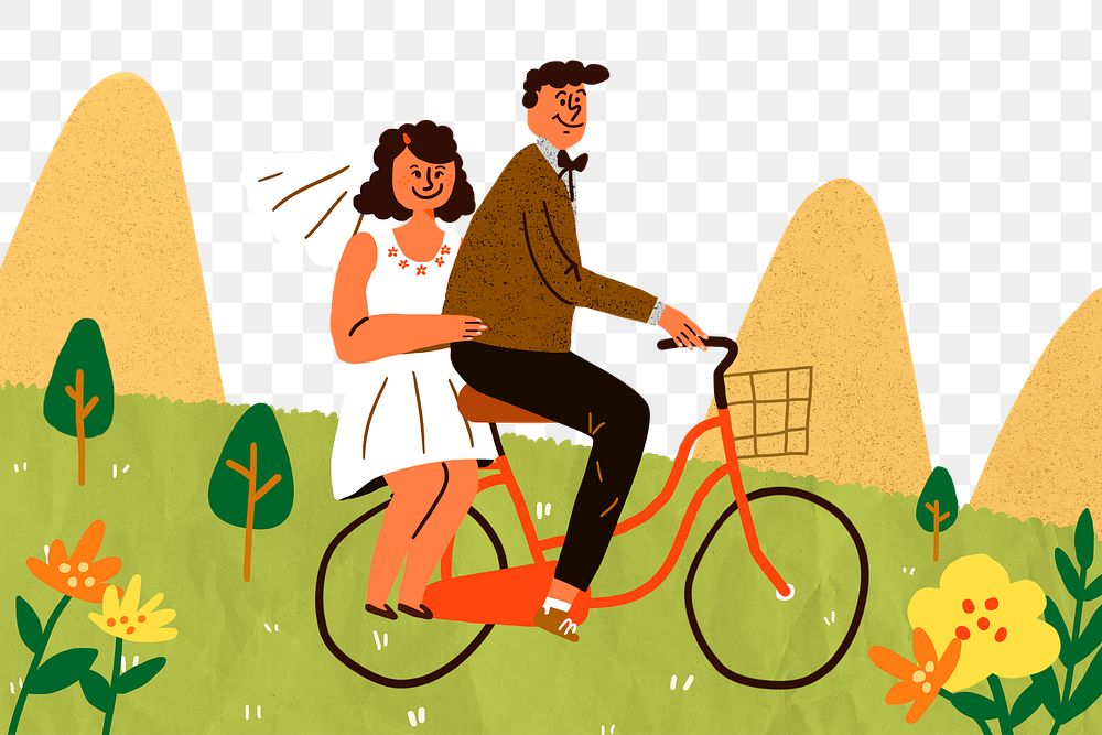Wedding celebration png doodle illustration, bride and groom riding a bicycle on transparent background