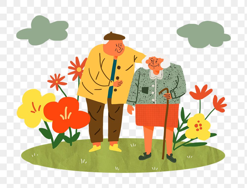 Cute senior couple png walking in garden, character illustration in retro design on transparent background