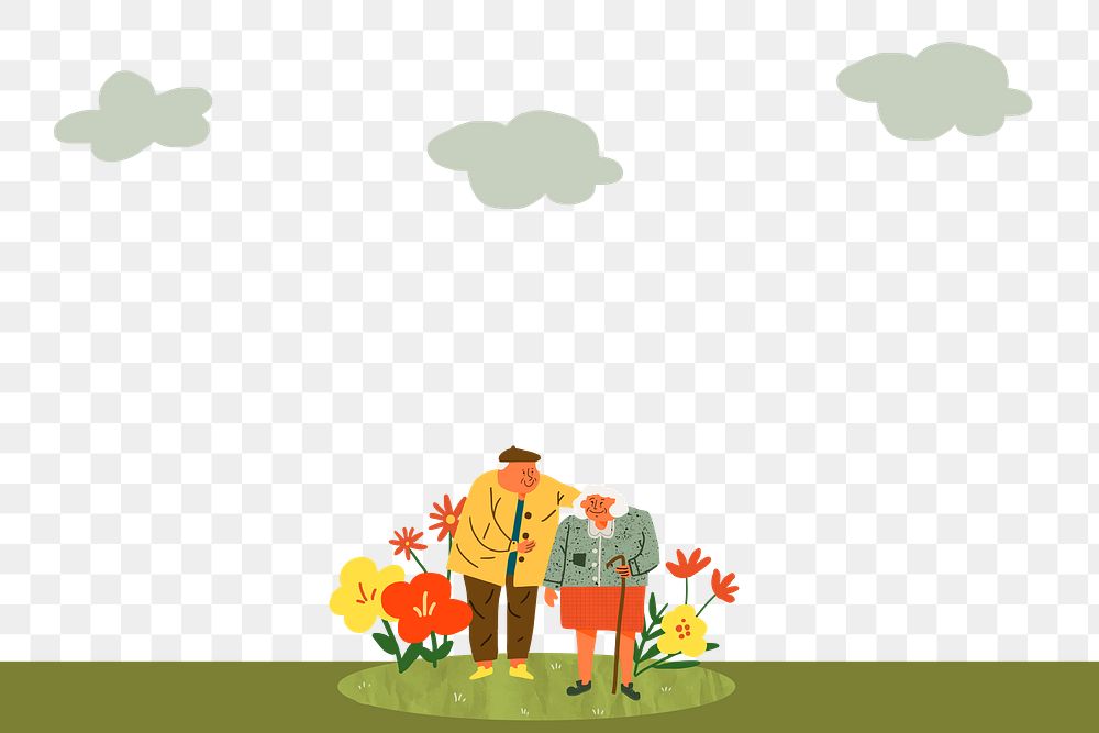 Green border png transparent background, old couple doodle with love concept