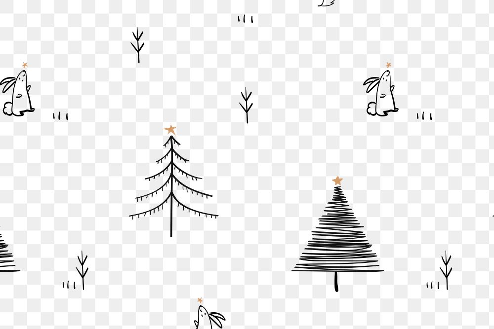 Christmas pattern png background, cute winter bunny doodle in black
