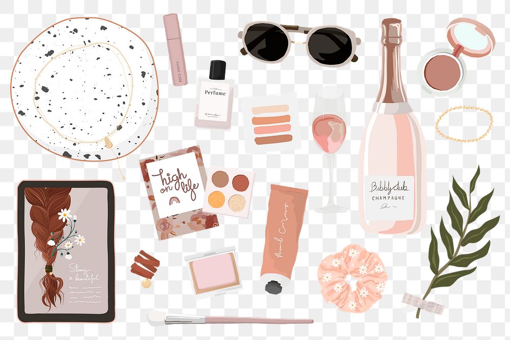 Beauty blogger essentials png sticker, pink feminine illustration set