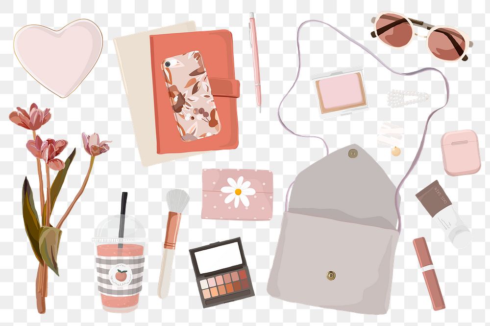 Feminine aesthetic clipart png, pink essentials illustration set