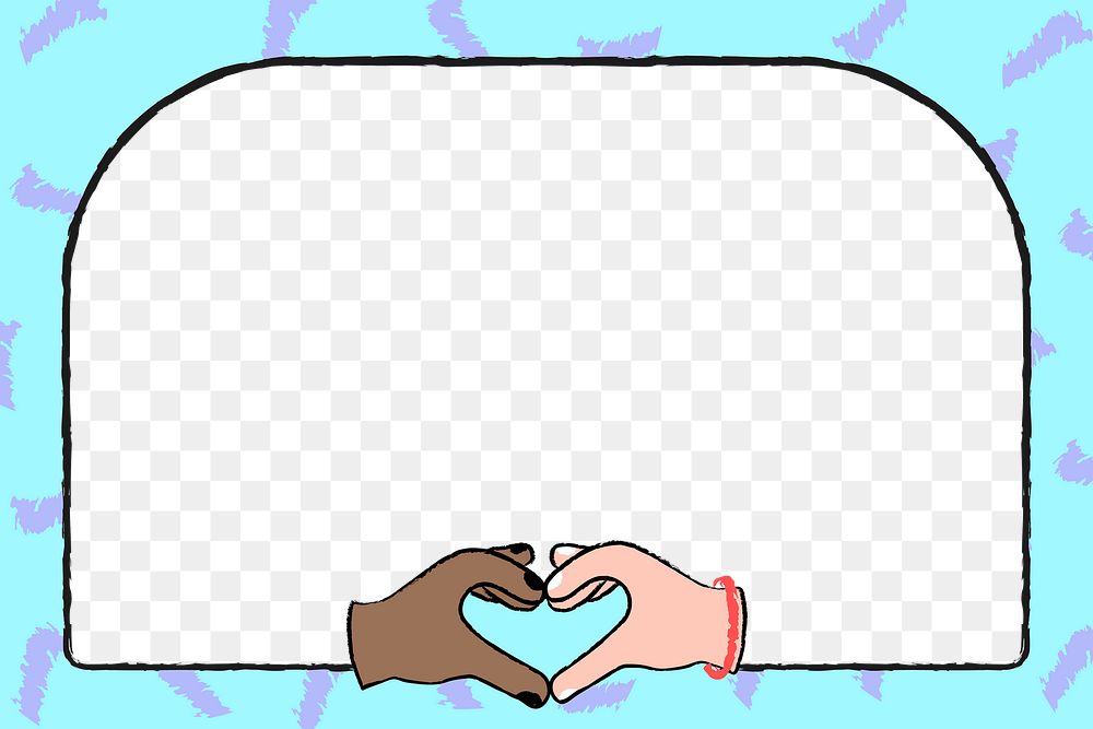 Diversity doodle png transparent background, blue funky frame with heart hand