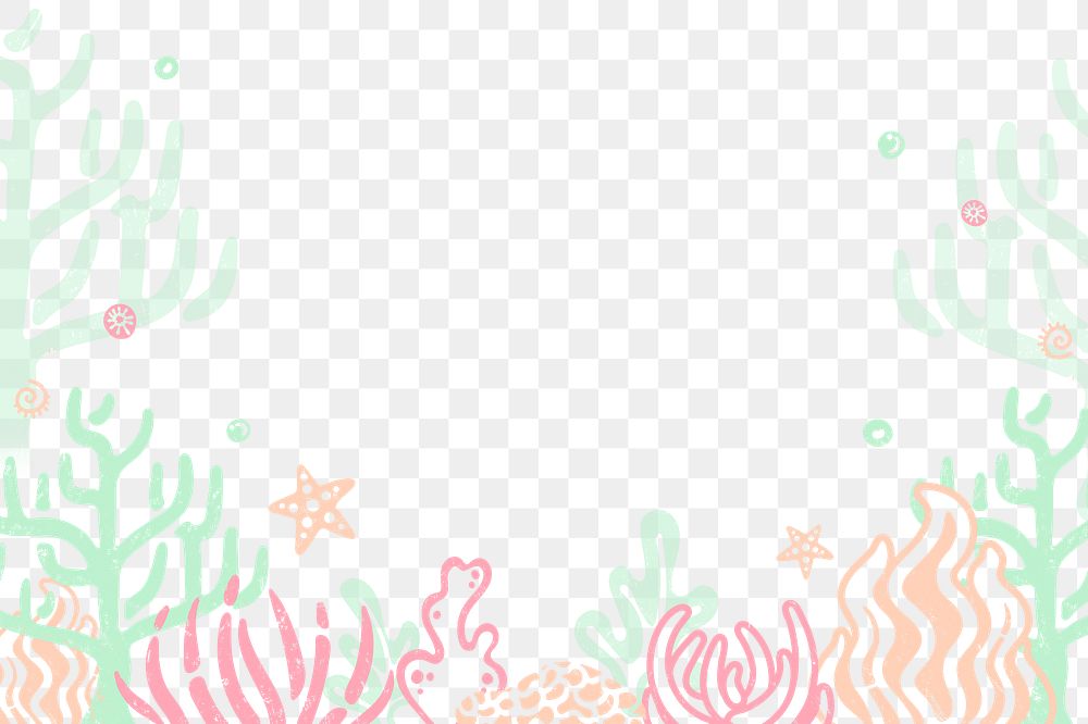 Coral reef png border transparent background, underwater marine life design in pastel colors