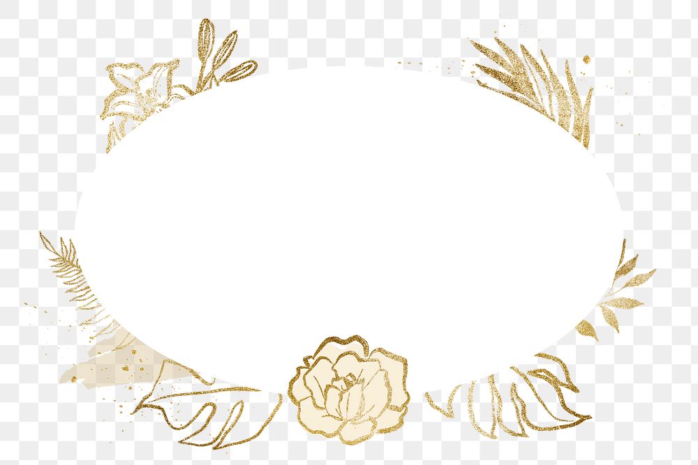 Oval flower badge, gold floral line drawing illustration for Valentine's card