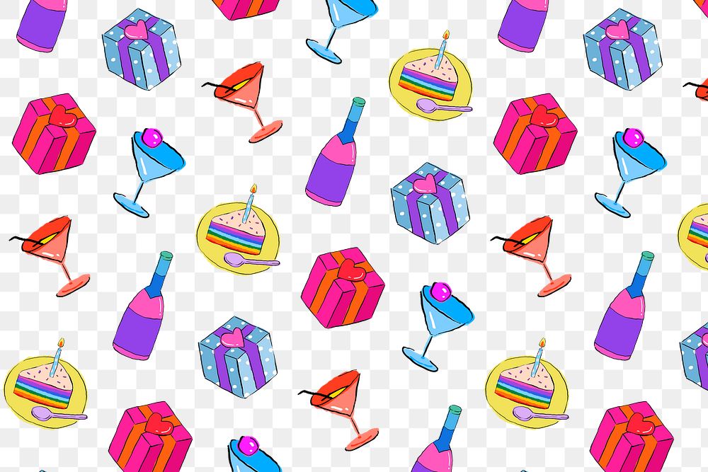 Birthday party pattern png background, drawing illustration, seamless design