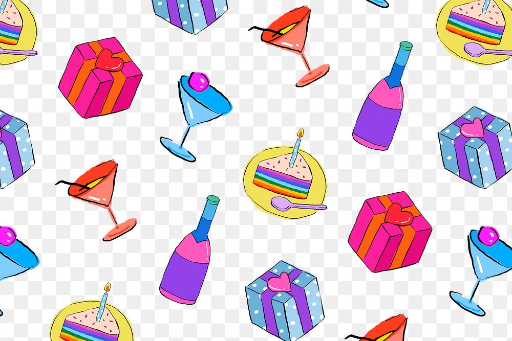 Birthday party pattern png background, drawing illustration, seamless design