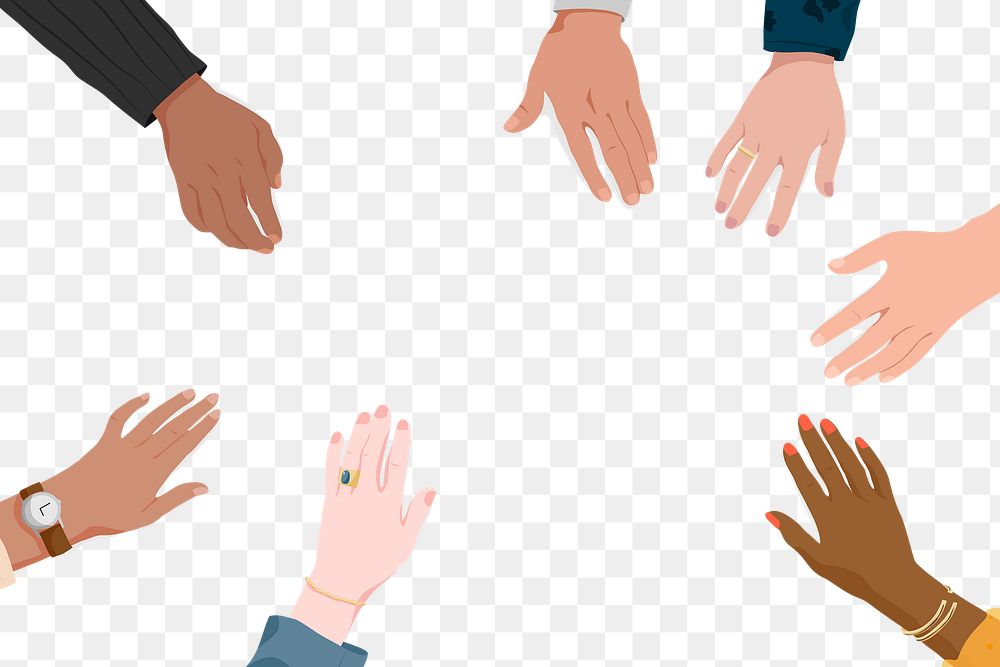 Business frame png, transparent background, diverse hands in meeting
