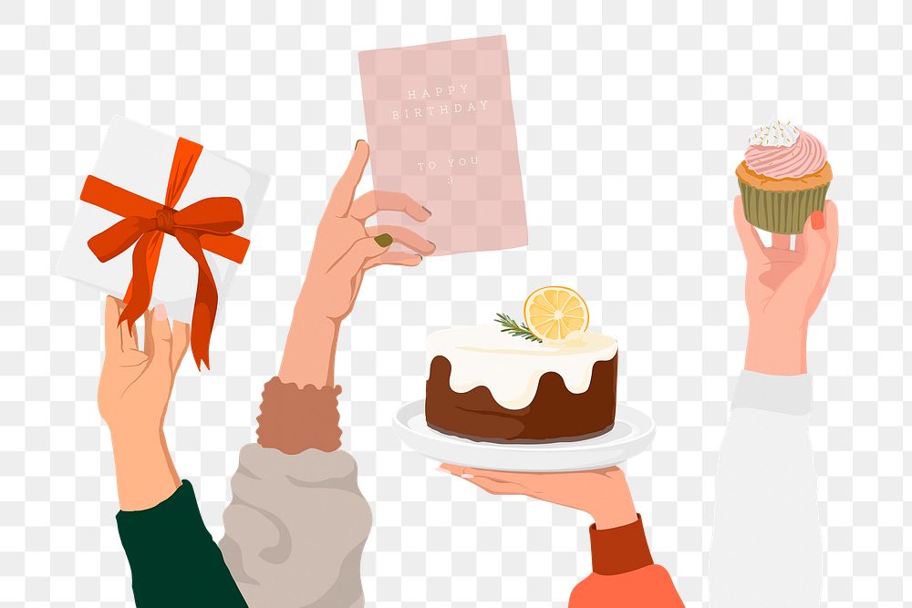 Birthday sticker png, hands holding card and cakes, celebration illustration