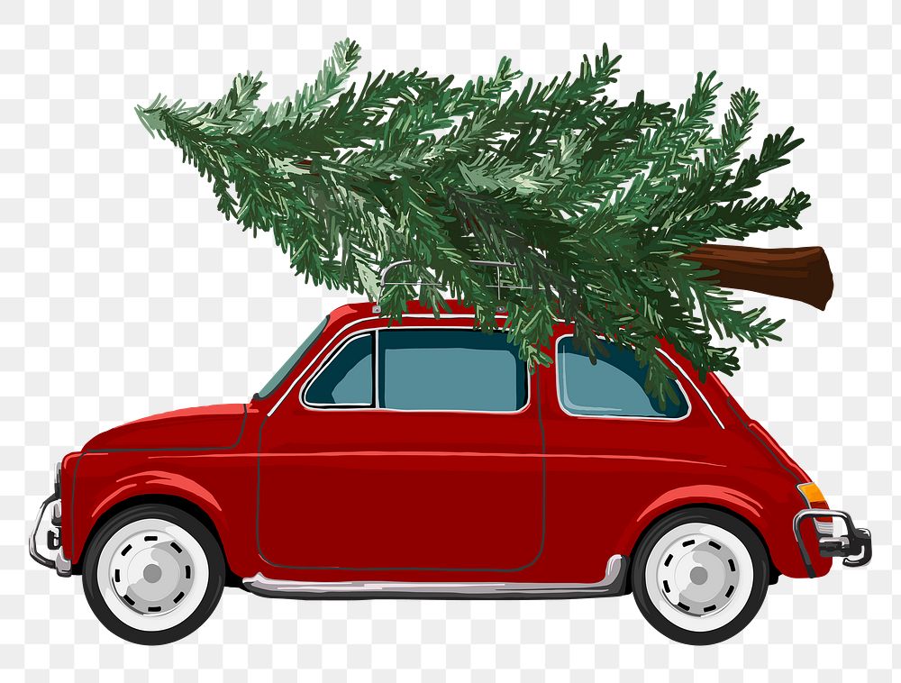 Christmas car png sticker, tree hauling on roof