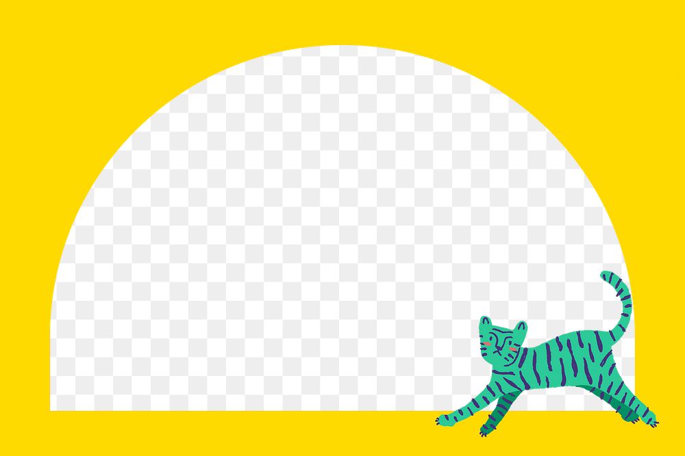 Tiger doodle png frame, transparent background, yellow animal, arched shape