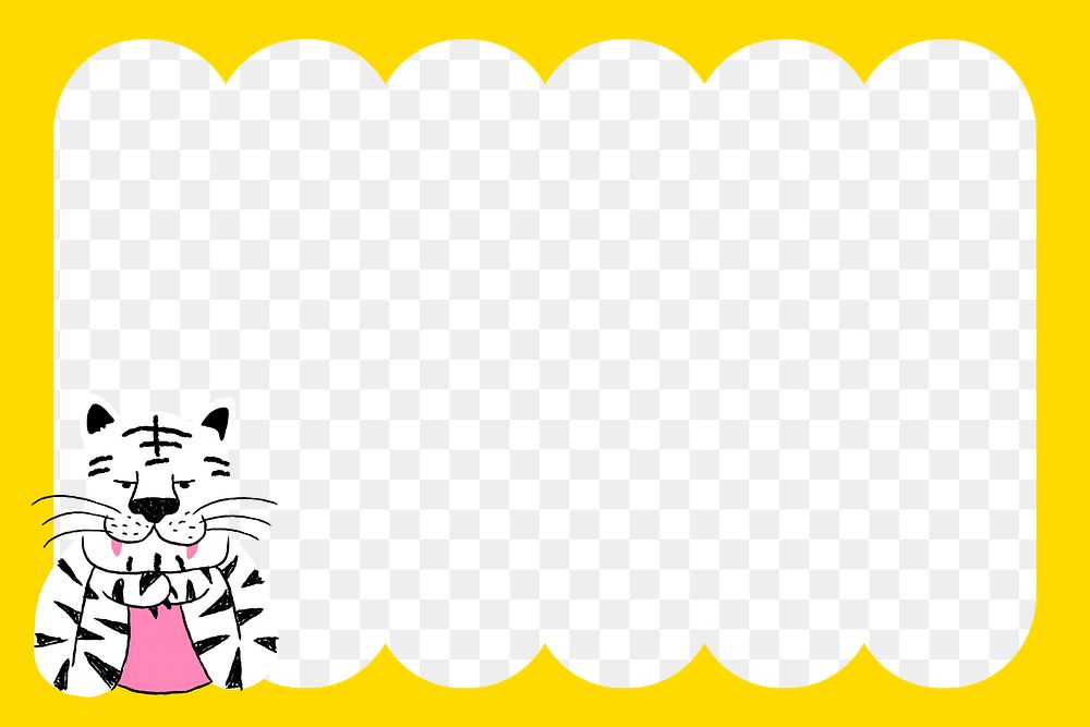 White tiger png yellow frame background, animal doodle
