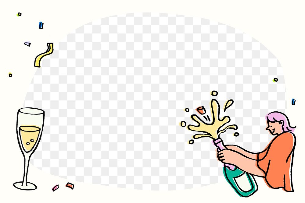 Popping champagne png frame, transparent background, celebration doodle