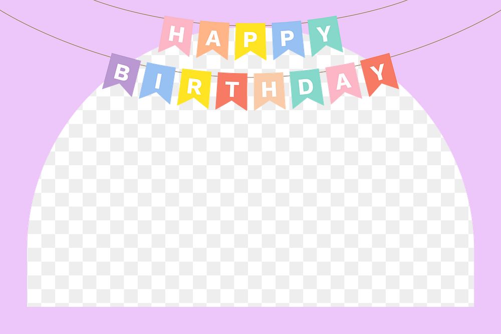 Png purple birthday party frame design, transparent background