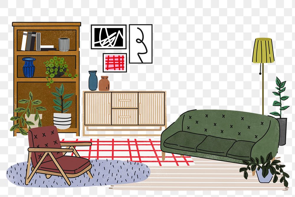 PNG mid century modern room illustration, with furniture & home decor, transparent background