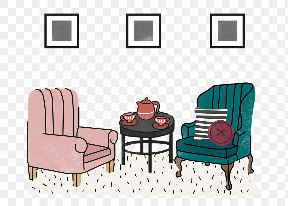 Cute living room png illustration, with furniture & home decor, transparent background