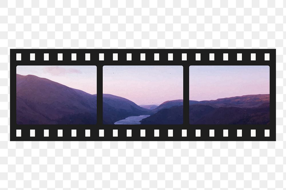 Purple aesthetic png slide film frame, mountain view design on transparent background