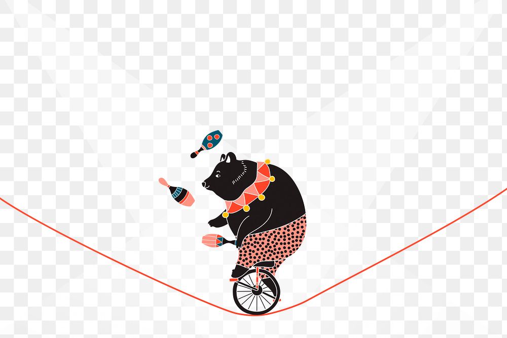 Png circus bear on unicycle sticker, cute animal, transparent background