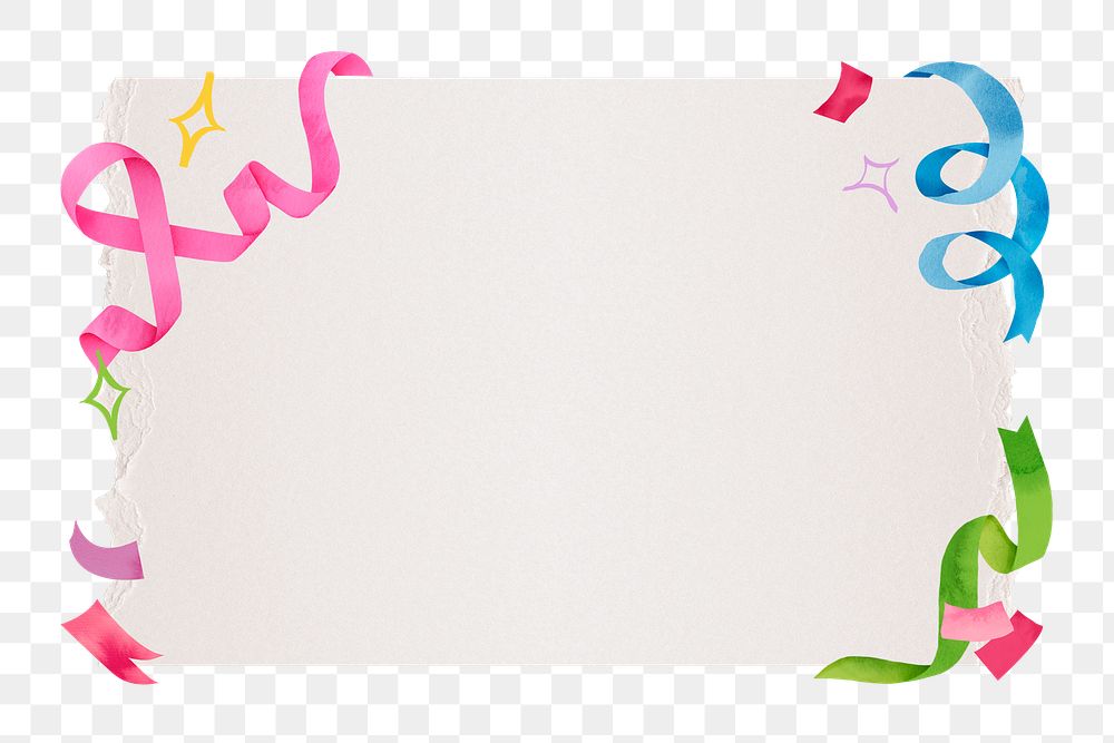 Party png frame, colorful ribbon, transparent background