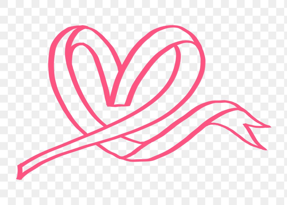 Heart ribbon png sticker, pink doodle design, transparent background