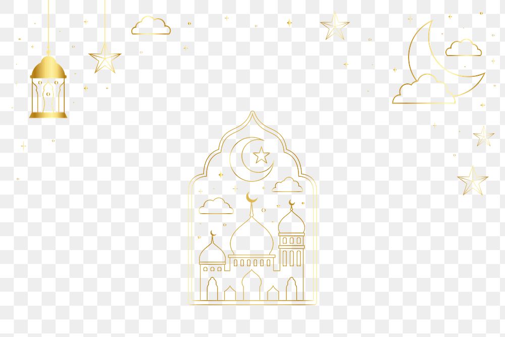 Ramadan png frame border, golden color line art design, transparent background  