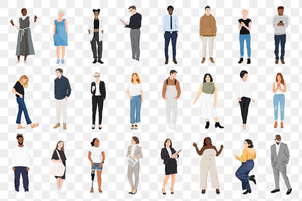 Diverse people png sticker illustration, transparent background set