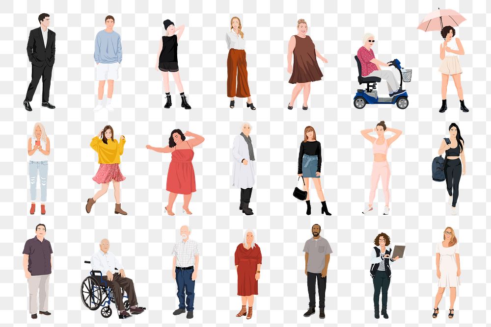 Diverse people png sticker illustration, transparent background set