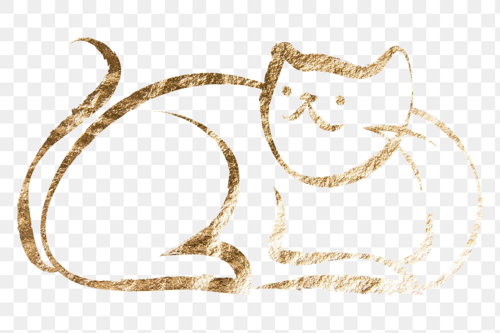 Sitting cat png sticker, gold aesthetic illustration on transparent background