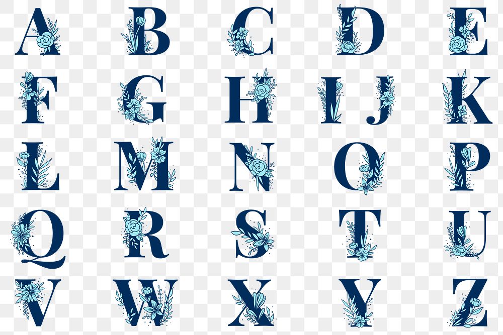Floral alphabet png font typography set