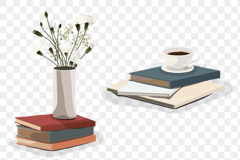 Flowers and stacks of books design resource collection transparent png